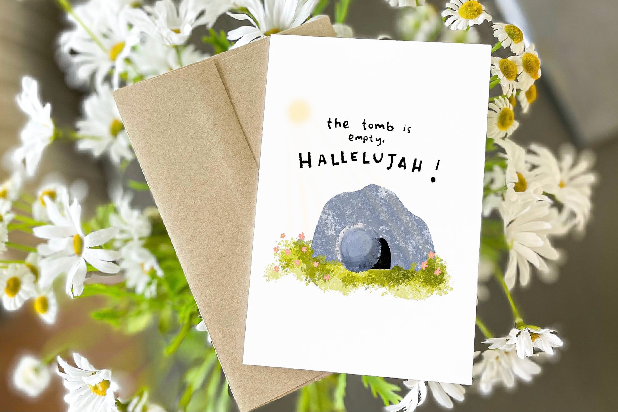 Empty tomb Greeting Card with Daisies in the background