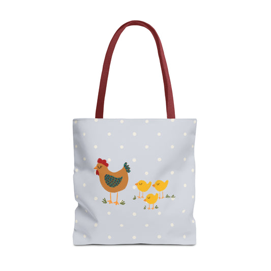 Chicken and Chicks on Blue Polk-a-dot Tote Bag