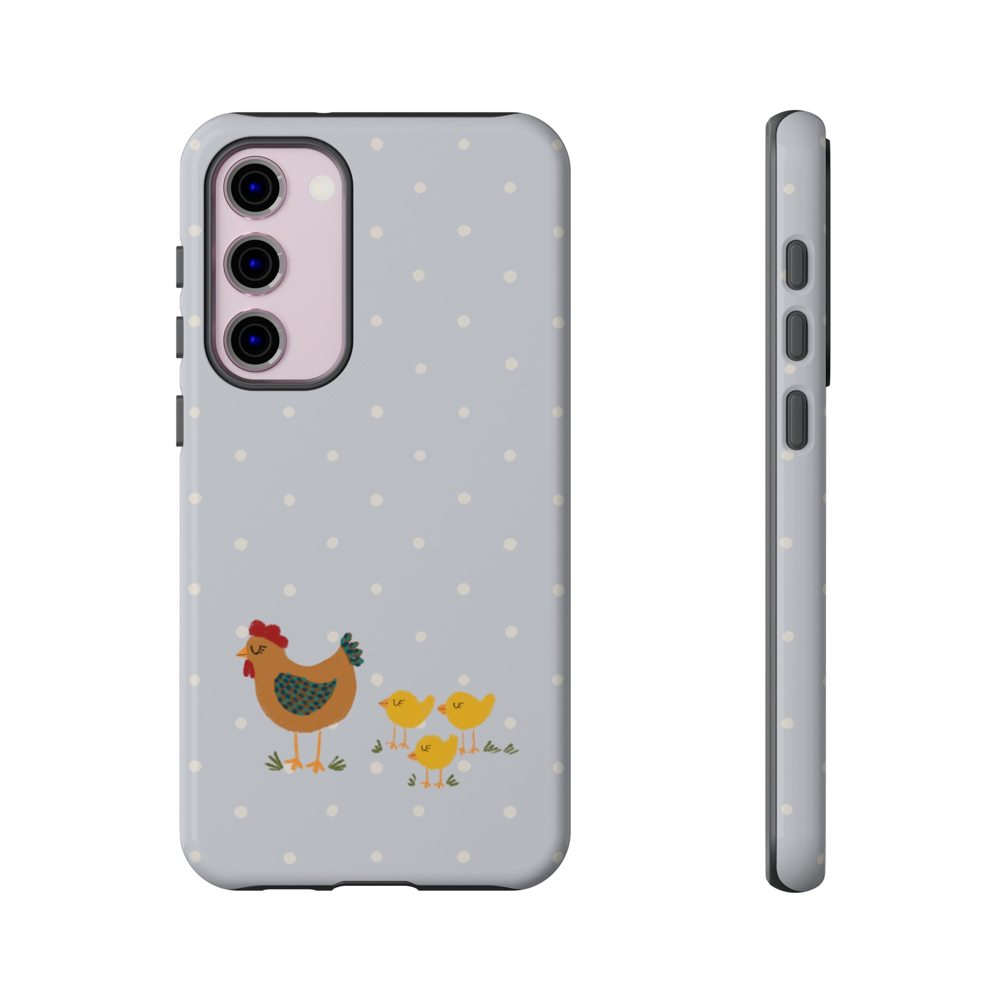 Chicken and Chicks on Blue Polk-a-dot  - Tough Phone Case