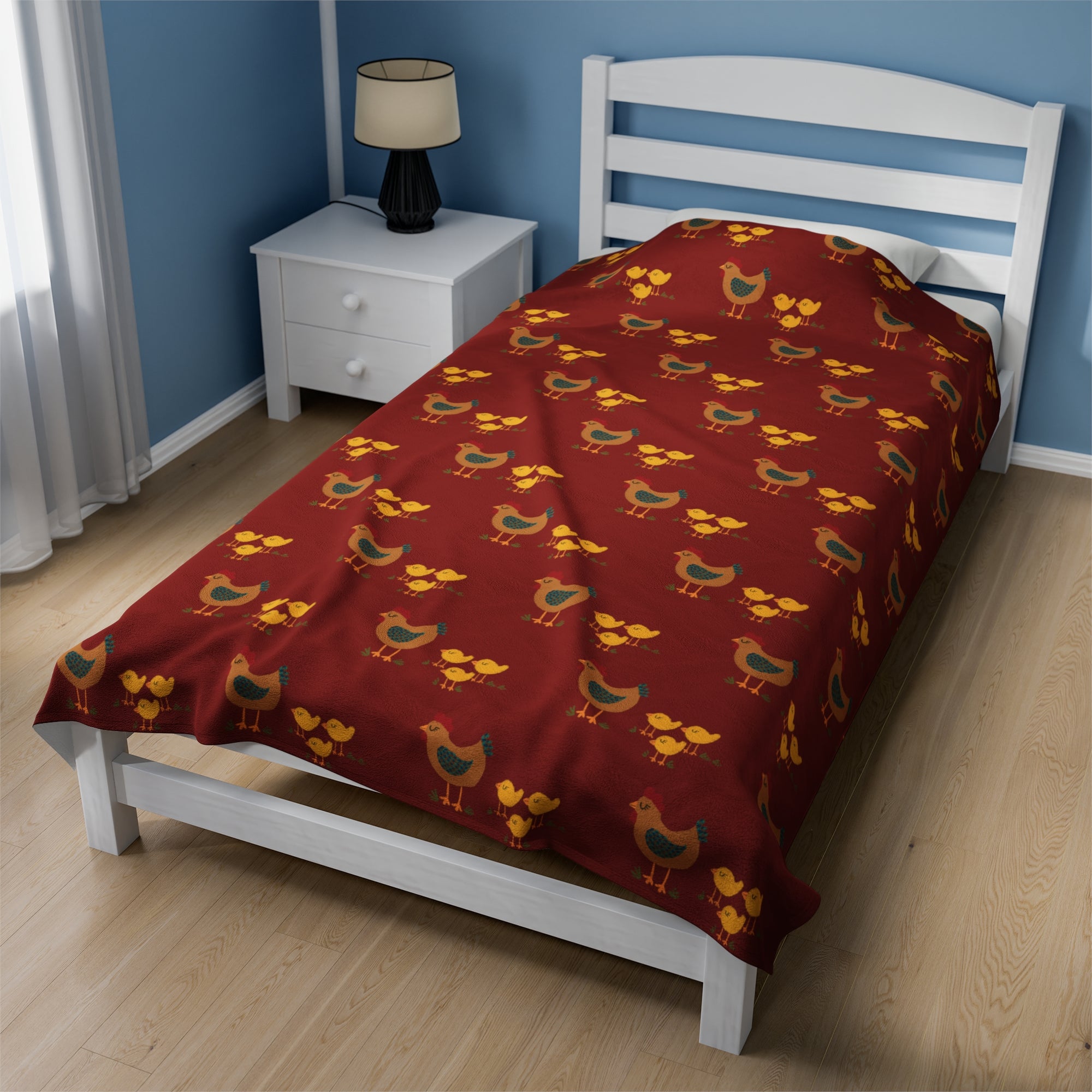 Chicken and Chicks on Dark Red - Velveteen Plush Blanket