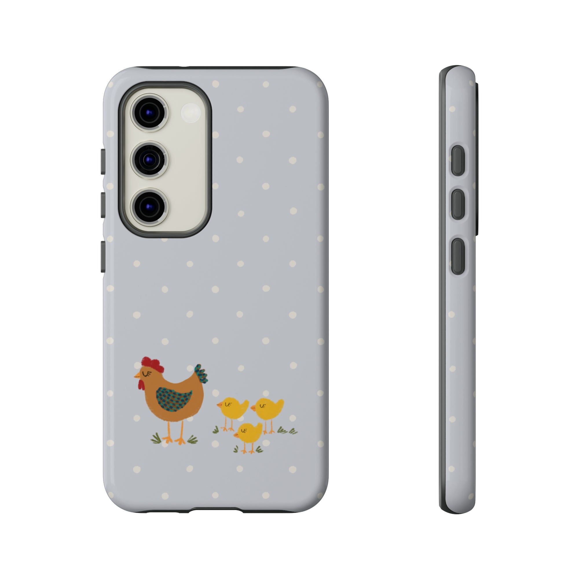 Chicken and Chicks on Blue Polk-a-dot  - Tough Phone Case