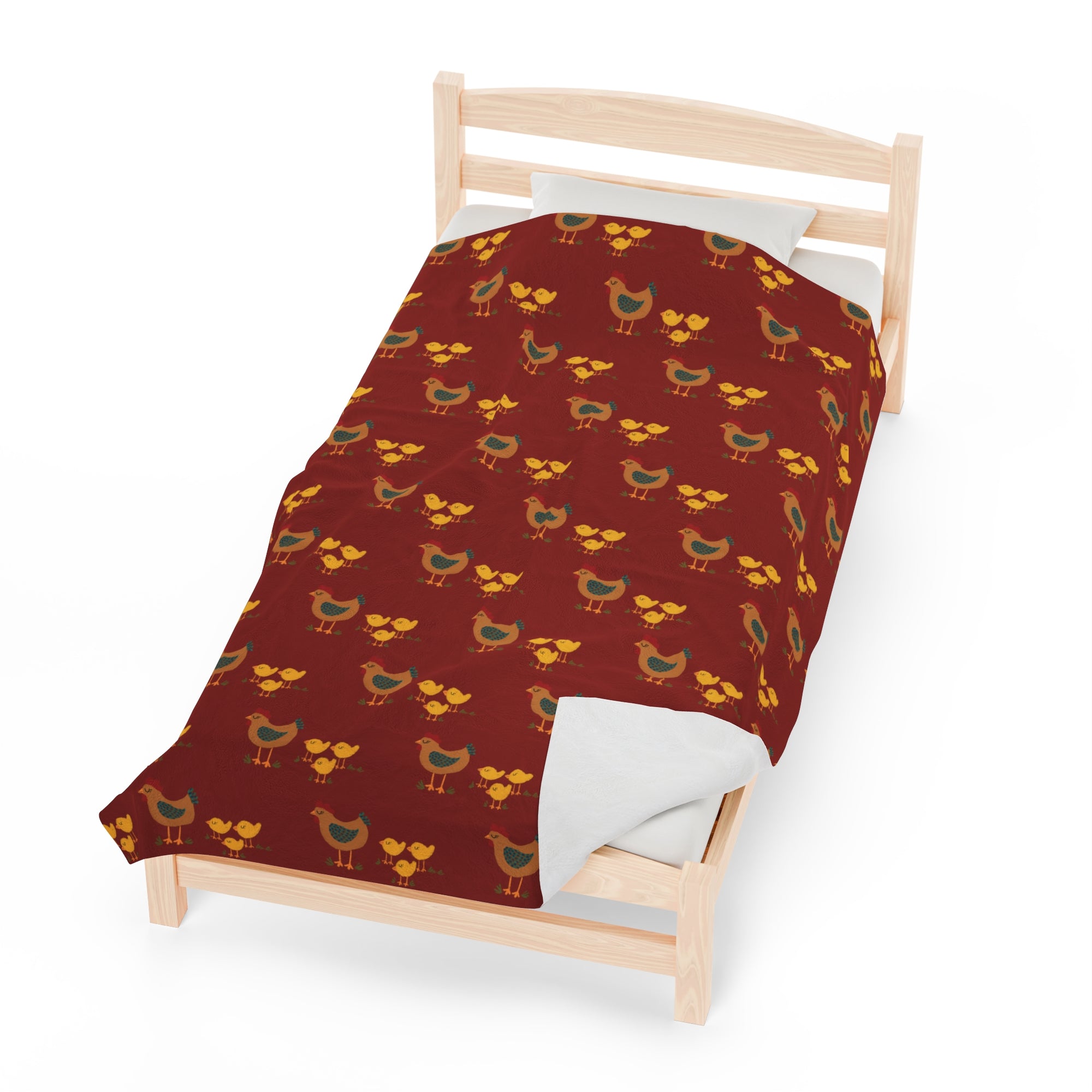 Chicken and Chicks on Dark Red - Velveteen Plush Blanket