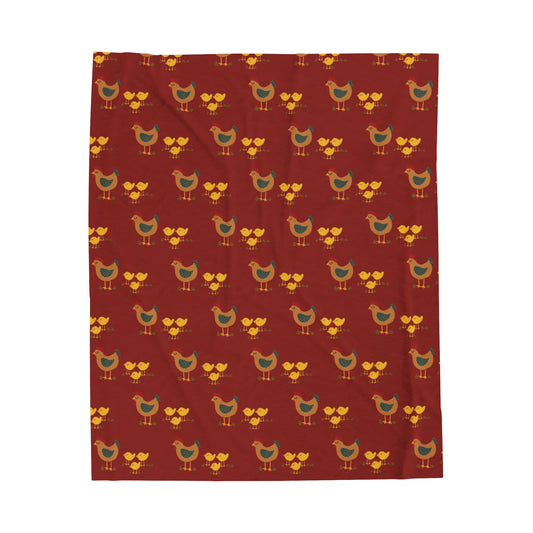 Chicken and Chicks on Dark Red - Velveteen Plush Blanket