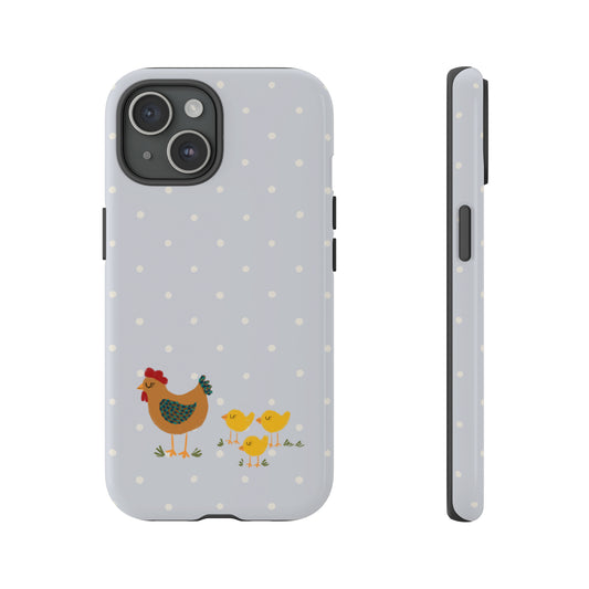 Chicken and Chicks on Blue Polk-a-dot  - Tough Phone Case